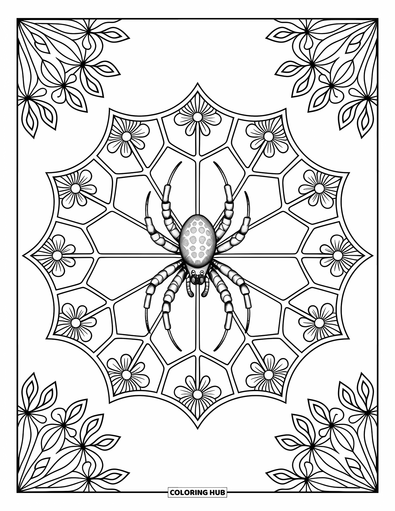 Spider Coloring Page for Adults: A spider sits calmly inside a mandala web surrounded by delicate floral shapes