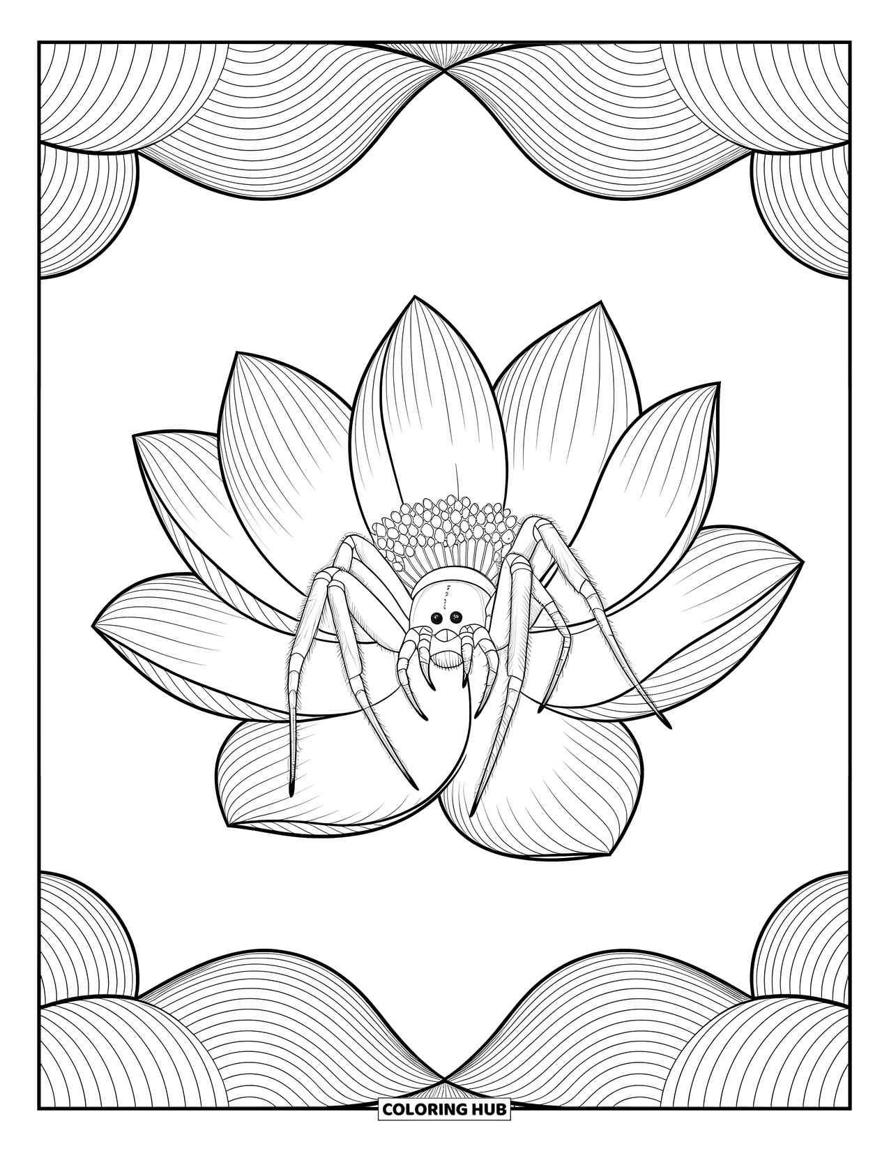 Spider Coloring Page for Adults: A spider sits quietly on a blooming lotus with ripples and graceful patterns around it