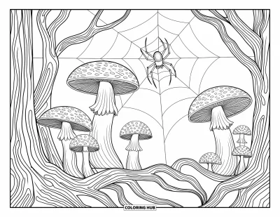 Coloriage d'araignées pour adultes : Une araignée tisse sa toile entre des champignons à motifs dans une scène de forêt richement détaillée