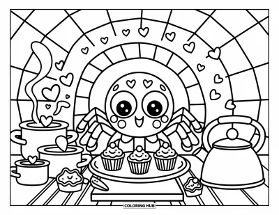 Coloriage d'araignées pour adultes : Une araignée prépare des cupcakes avec des emporte-pièces et de la vapeur en forme de cœur dans l'air