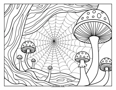 Coloriage d'araignées pour adultes : Une araignée tisse entre de hauts champignons, entourée de racines torsadées et d'écorce d'arbre