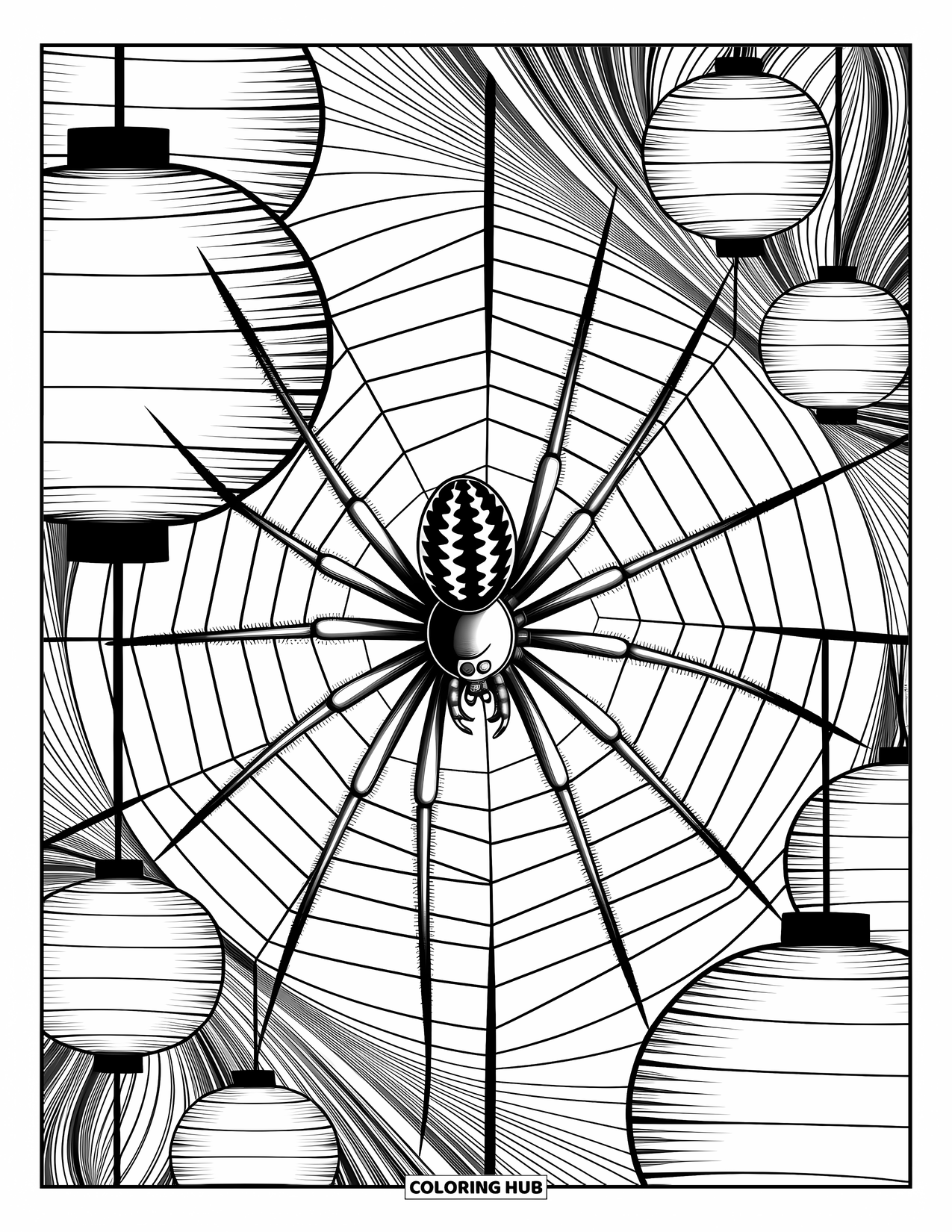 Spider Coloring Page for Adults: A spider weaves its spiral web among lanterns and flowing abstract patterns