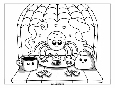 Coloriage d'araignées pour adultes : Une douce araignée prépare des cupcakes dans une cuisine chaleureuse remplie de petits ustensiles et d'amour