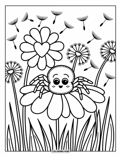 Coloriage d'araignées pour adultes : Une douce araignée passe timidement la tête derrière une fleur pendant que des pissenlits flottent dans l'air