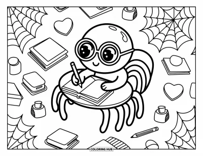 Coloriage d'araignées pour adultes : Une douce araignée écrit dans son journal à un petit bureau rempli de fournitures adorables