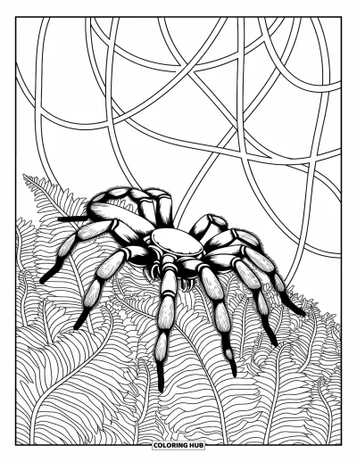 Coloriage d'araignées pour adultes : Une tarentule rampe parmi des fougères et des vignes remplies de motifs feuillus en volutes