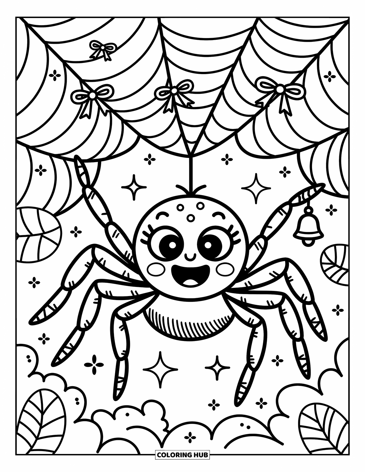 Spider Coloring Page for Adults: A tiny spider happily decorates its web with bows, stars, and a little bell
