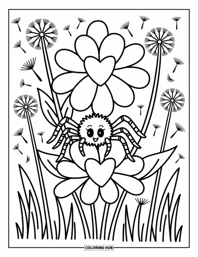 Coloriage d'araignées pour adultes : Une minuscule araignée se cache derrière une fleur tandis que des pissenlits duveteux flottent dans le jardin