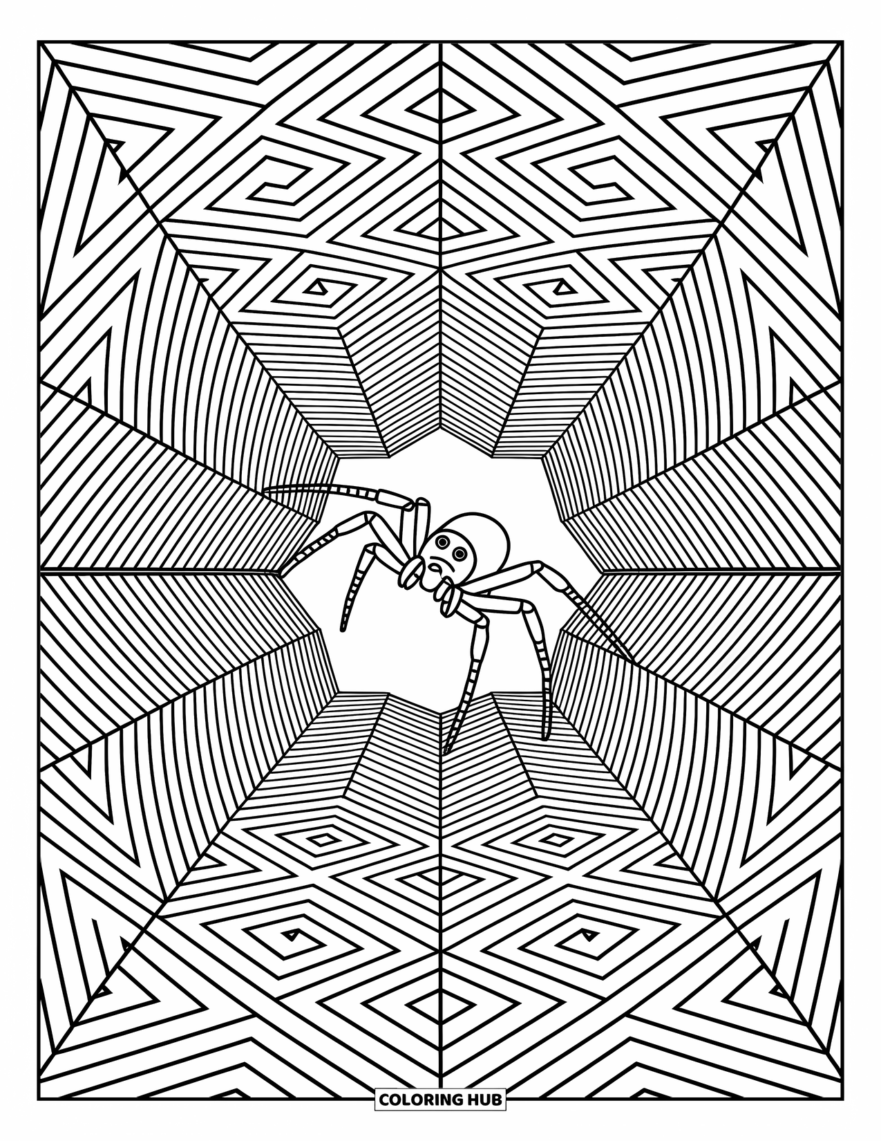 Spider Coloring Page for Adults: A tiny spider springs through a swirl of repeating shapes and patterns