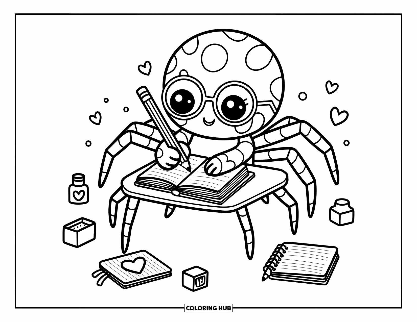 Spider Coloring Page for Adults: A tiny spider with glasses writes in a diary surrounded by playful, cozy desk items