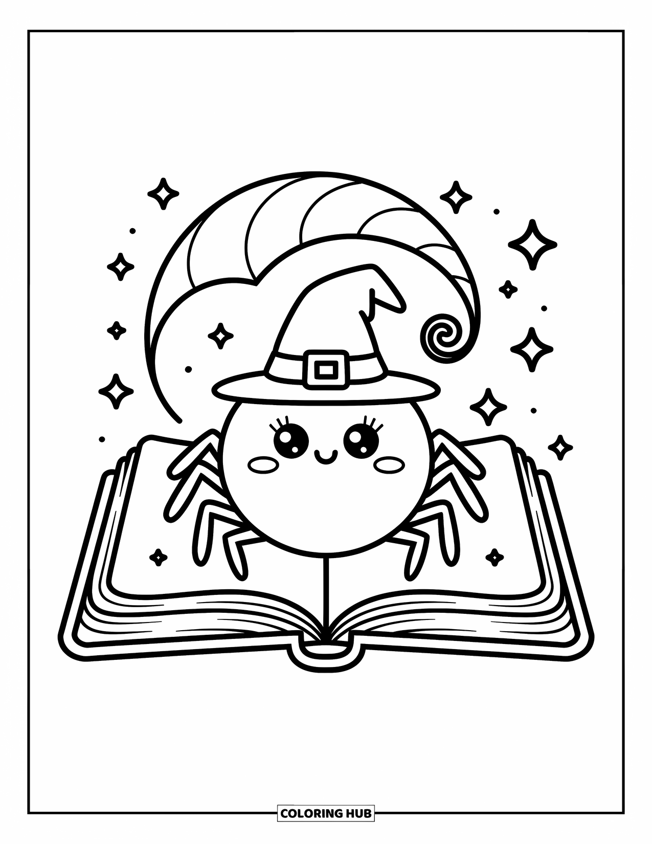 Spider Coloring Page for Adults: A tiny wizard spider relaxes inside a storybook as stars and sparkles float nearby