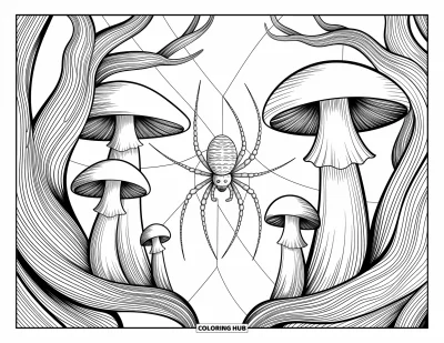 Coloriage d'araignées pour adultes : Une araignée sereine tisse entre des champignons sous des arbres aux racines et écorces détaillées
