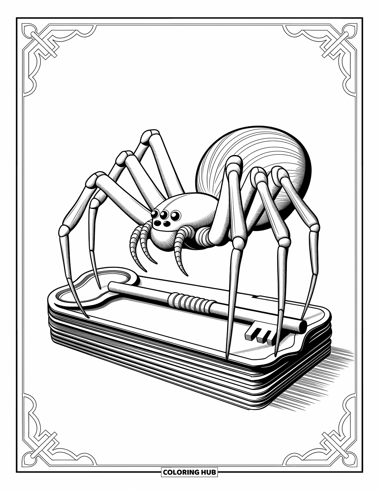 Spider Coloring Page for Adults: An elegant spider sits among antique keys framed by flowing, delicate designs