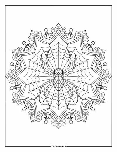 Coloriage d'araignées pour adultes : Une épeire repose dans une toile à motifs avec des fleurs qui s'ouvrent vers l'extérieur