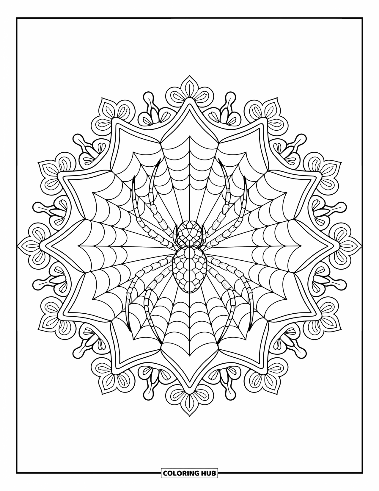 Spider Coloring Page for Adults: An orb-weaver spider lies in a patterned web with flowers spreading outward