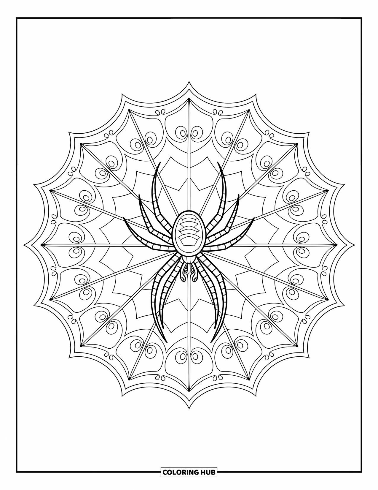 Spider Coloring Page for Adults: An orb-weaver spider rests at the center of a floral mandala web