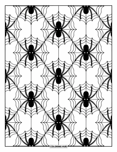Coloriage d'araignées pour adultes : Plusieurs araignées se relient à travers des toiles circulaires aux lignes fluides