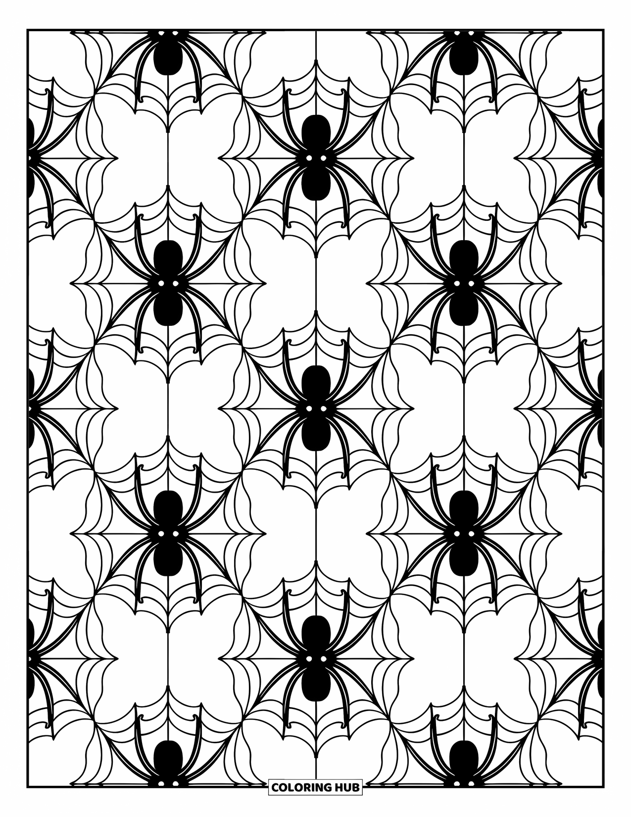 Spider Coloring Page for Adults: Multiple spiders link through circular webs filled with soft, flowing designs