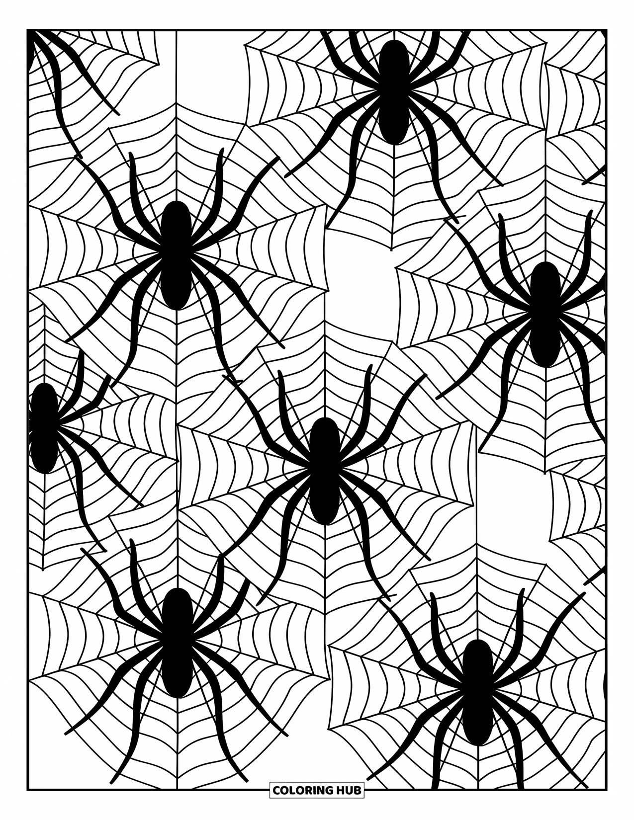 Spider Coloring Page for Adults: Spiders connect across layered webs made of overlapping circles and gentle patterns