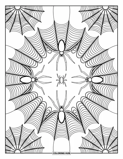Coloriage d'araignées pour adultes : Des araignées se reposent dans des toiles superposées entourées de courbes douces et de détails apaisants