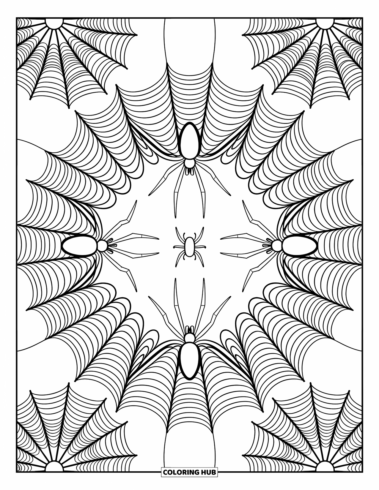 Spider Coloring Page for Adults: Spiders rest within overlapping webs surrounded by gentle curves and peaceful details