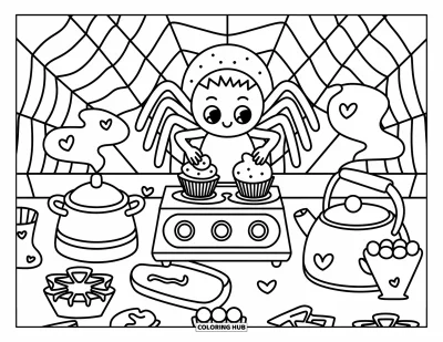 Coloriage d'araignées pour adultes : Cette araignée joyeuse prépare des gourmandises dans un coin toile rempli de magie pâtissière adorable