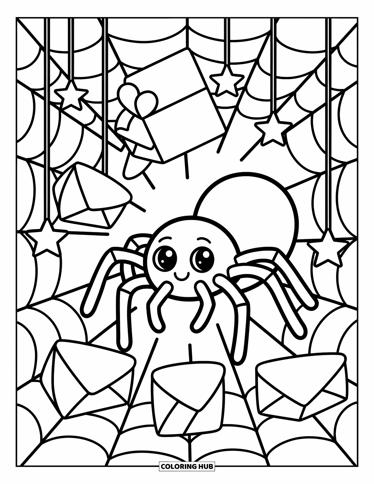 Spider Coloring Page for Adults: This sweet spider explores a dreamy web of stars, folded hearts, and dangling notes