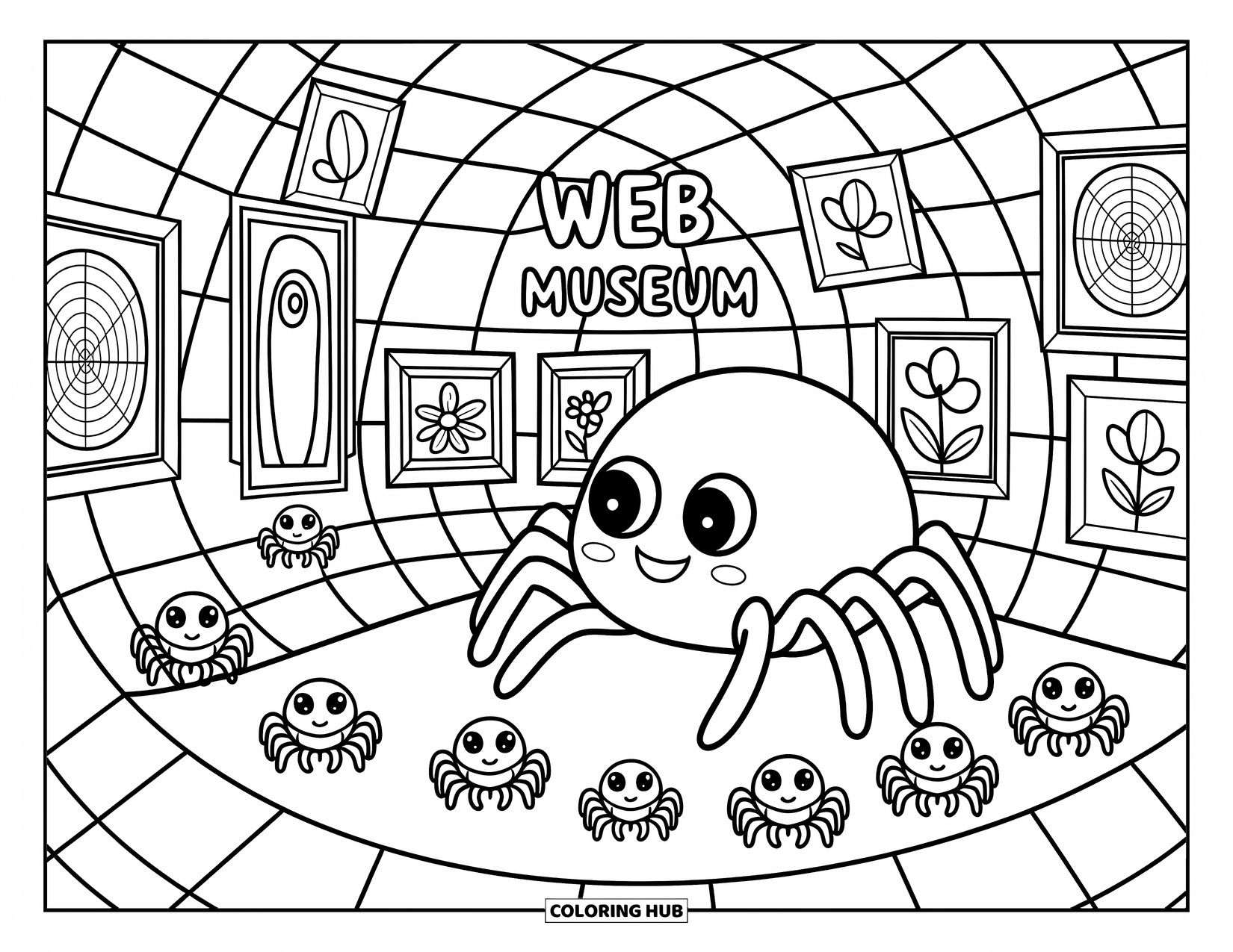 Spider Coloring Page for Adults: Tiny spiders explore a charming web museum filled with silk art and floral displays