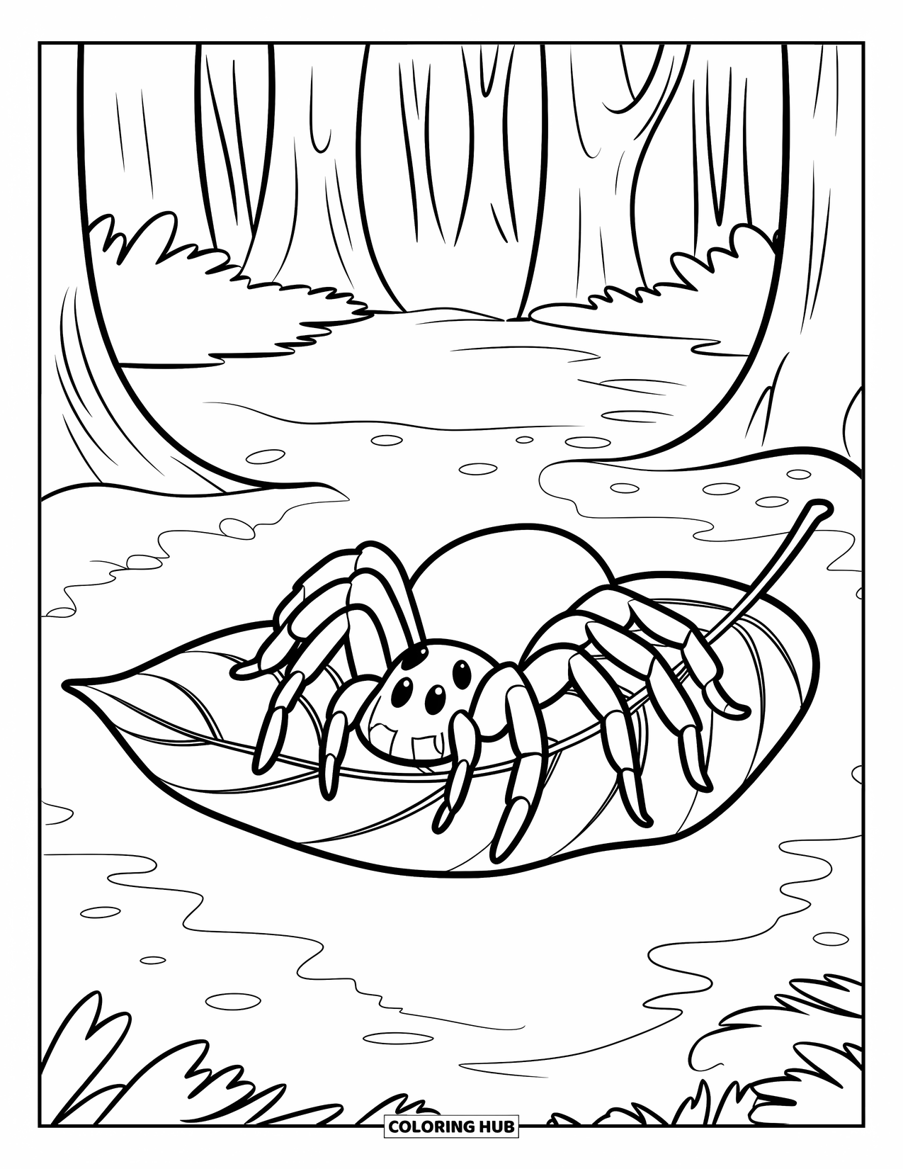 Spider Coloring Page for Kids: A calm tarantula lies on a fallen leaf on soft moss in a forest
