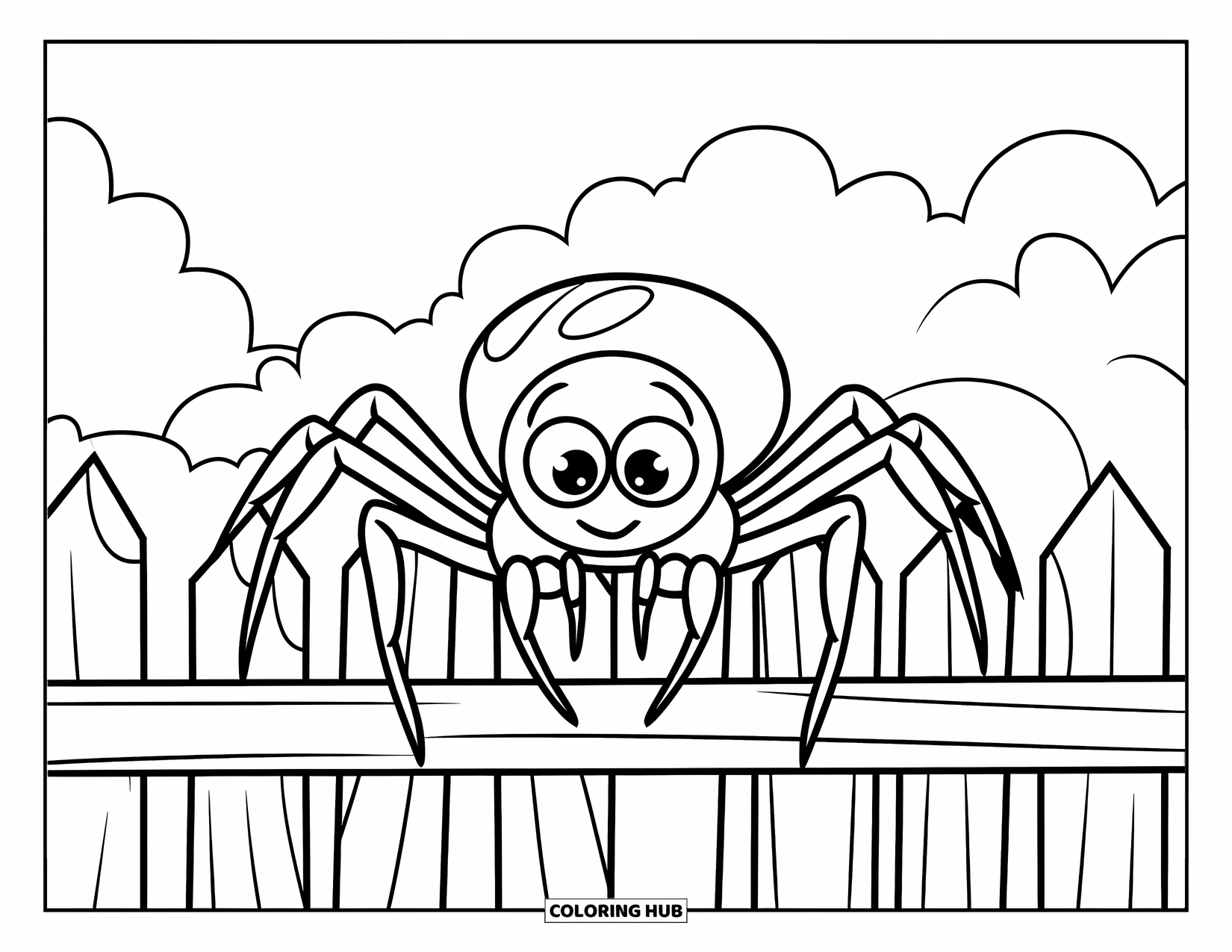 Spider Coloring Page for Kids: A cheerful spider clings to a wooden fence under fluffy clouds and a bright sky