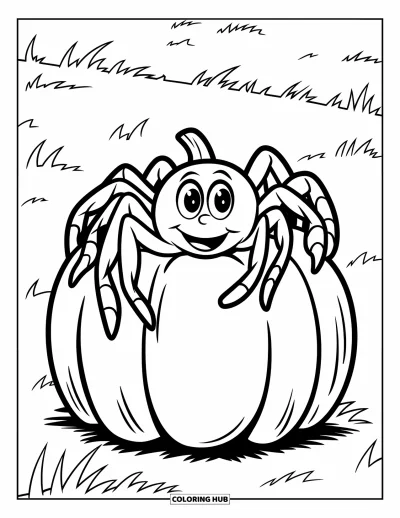 Coloriage d'araignées pour enfants : Une araignée souriante s'accroche à une citrouille posée dans un champ herbeux