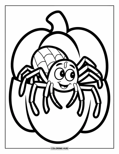 Coloriage d'araignées pour enfants : Une araignée souriante aux grands yeux rampe sur une citrouille à la tige ronde