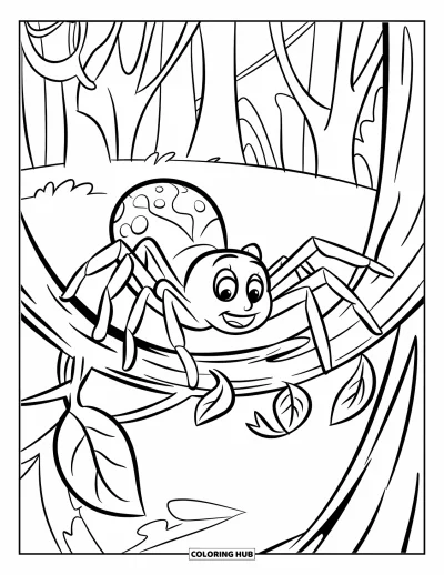 Coloriage d'araignées pour enfants : Une araignée curieuse avance sur une liane feuillue enroulée autour d'un arbre de la forêt