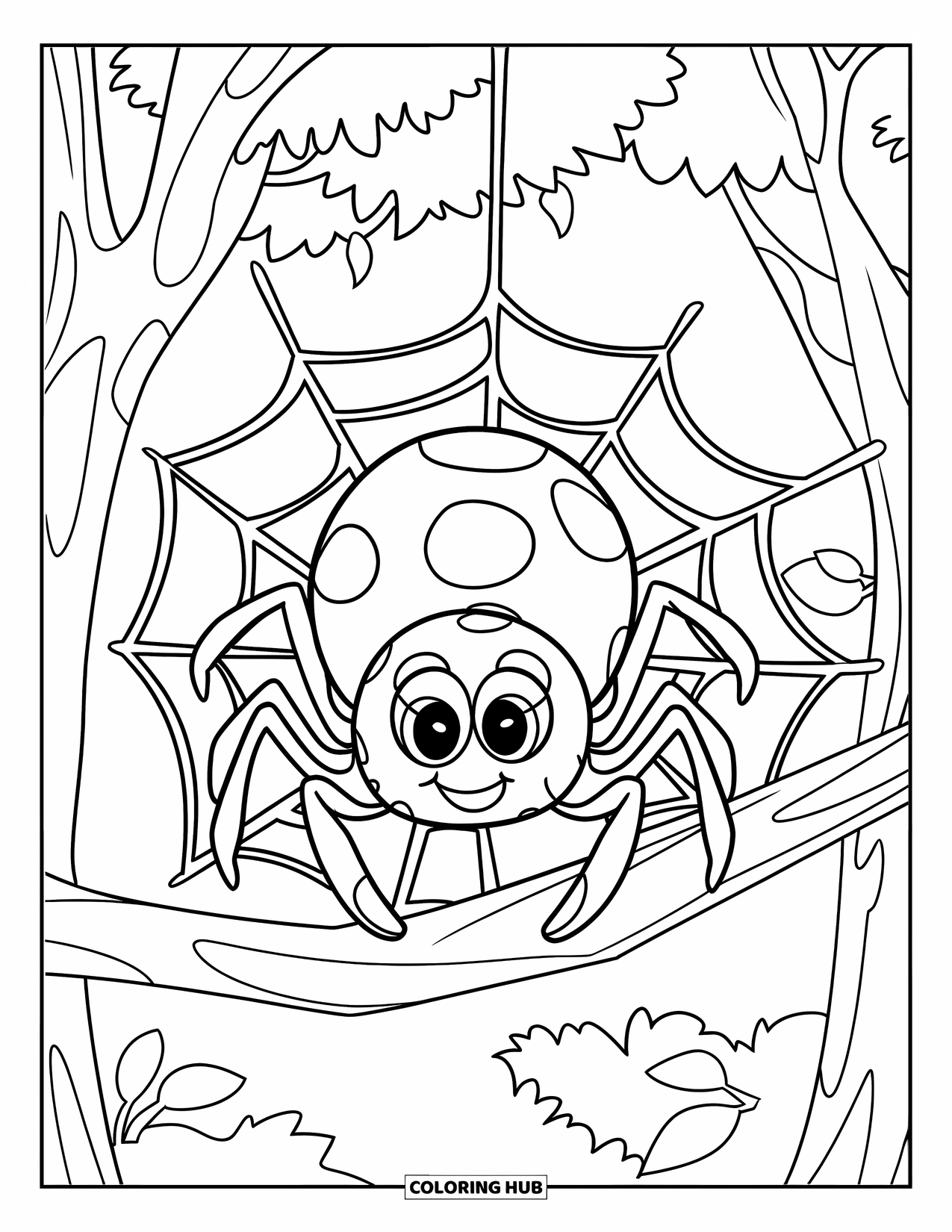 Spider Coloring Page for Kids: A cute orb-weaver spins a round web among trees with leafy branches