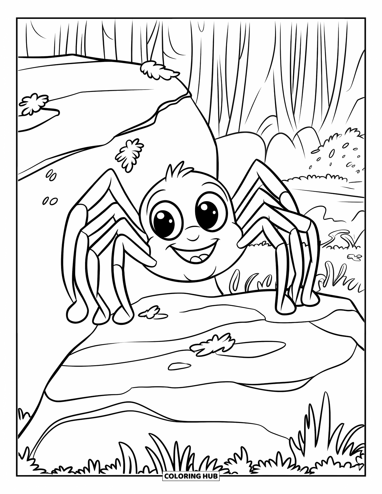 Spider Coloring Page for Kids: A cute spider peeks behind a rock with lichens in a quiet forest
