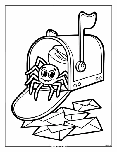 Coloriage d'araignées pour enfants : Une adorable araignée passe la tête d'une boîte aux lettres avec des lettres éparpillées au sol