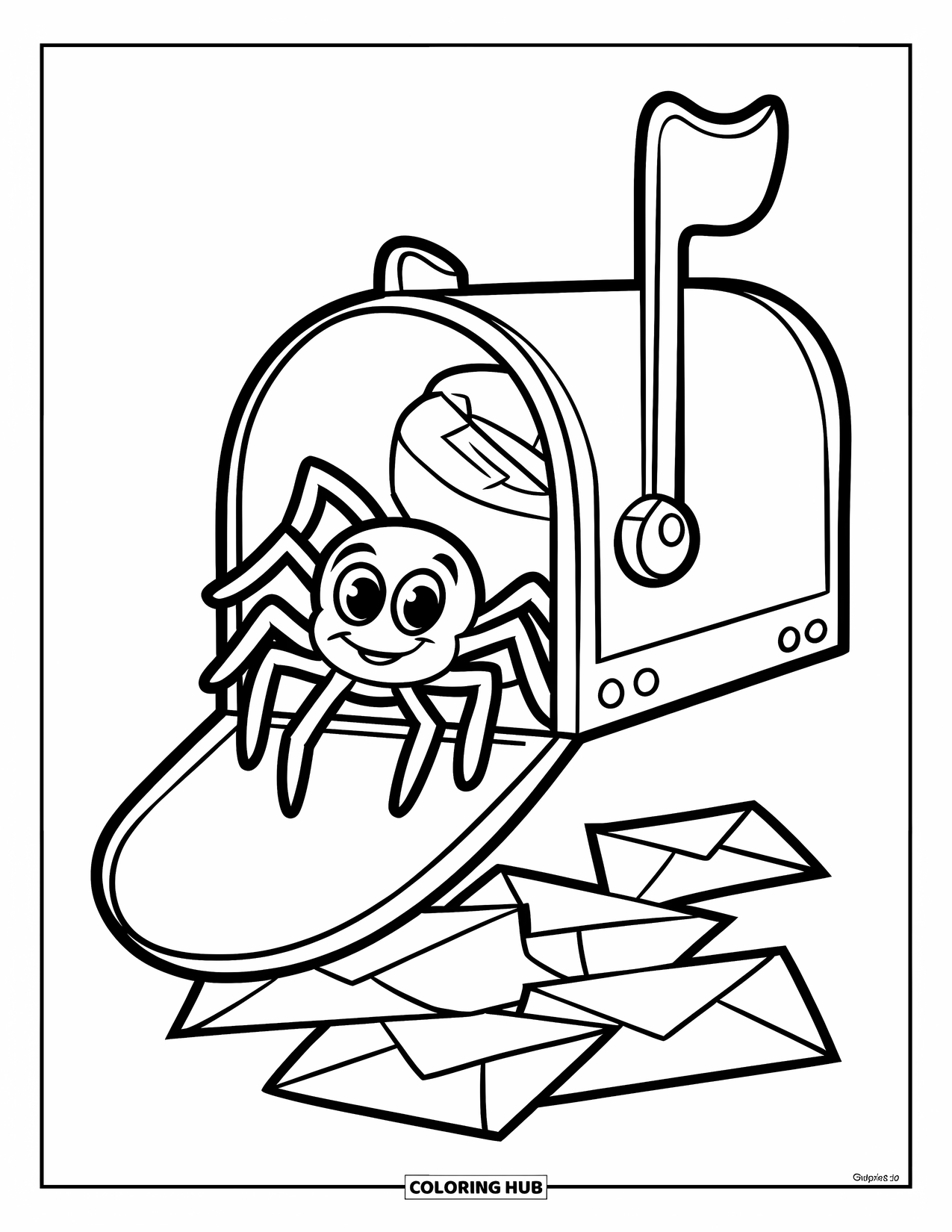 Spider Coloring Page for Kids: A cute spider peeks from a mailbox with letters scattered on the ground