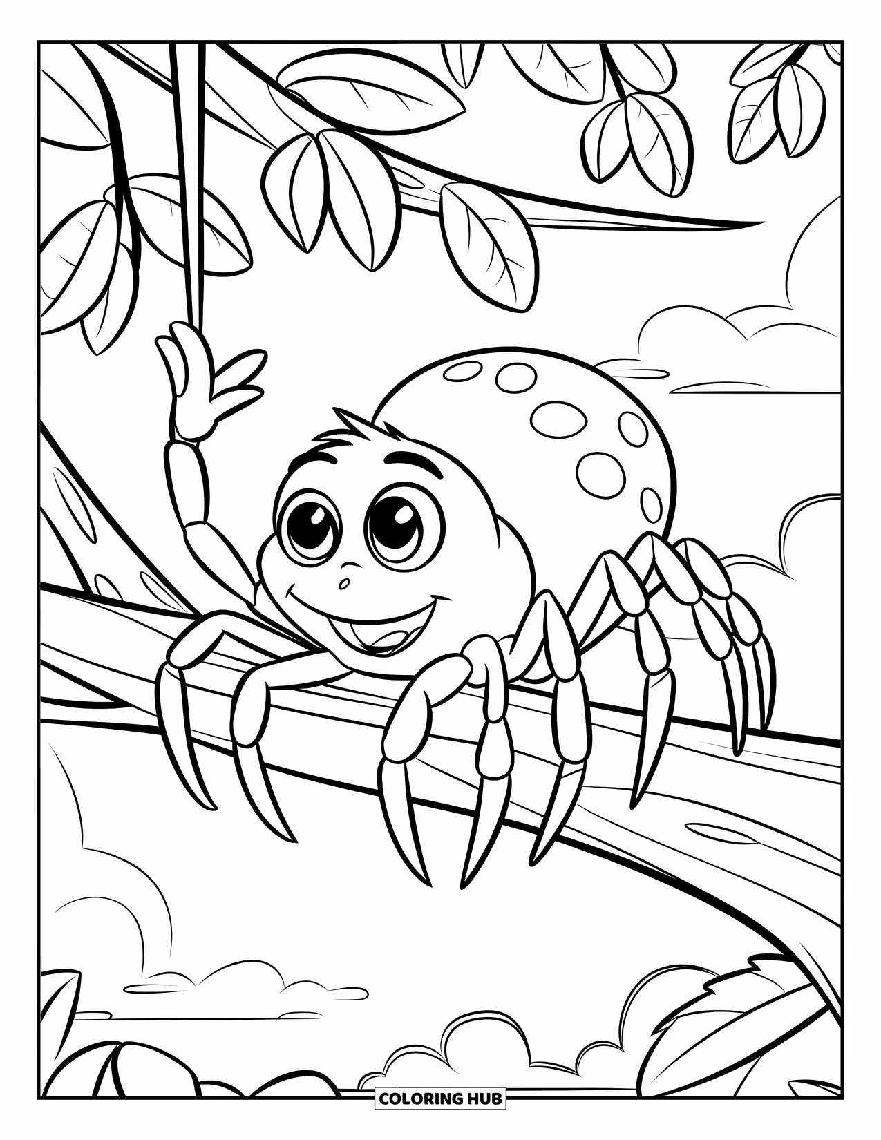 Spider Coloring Page for Kids: A cute spider with big eyes waves from a leafy branch