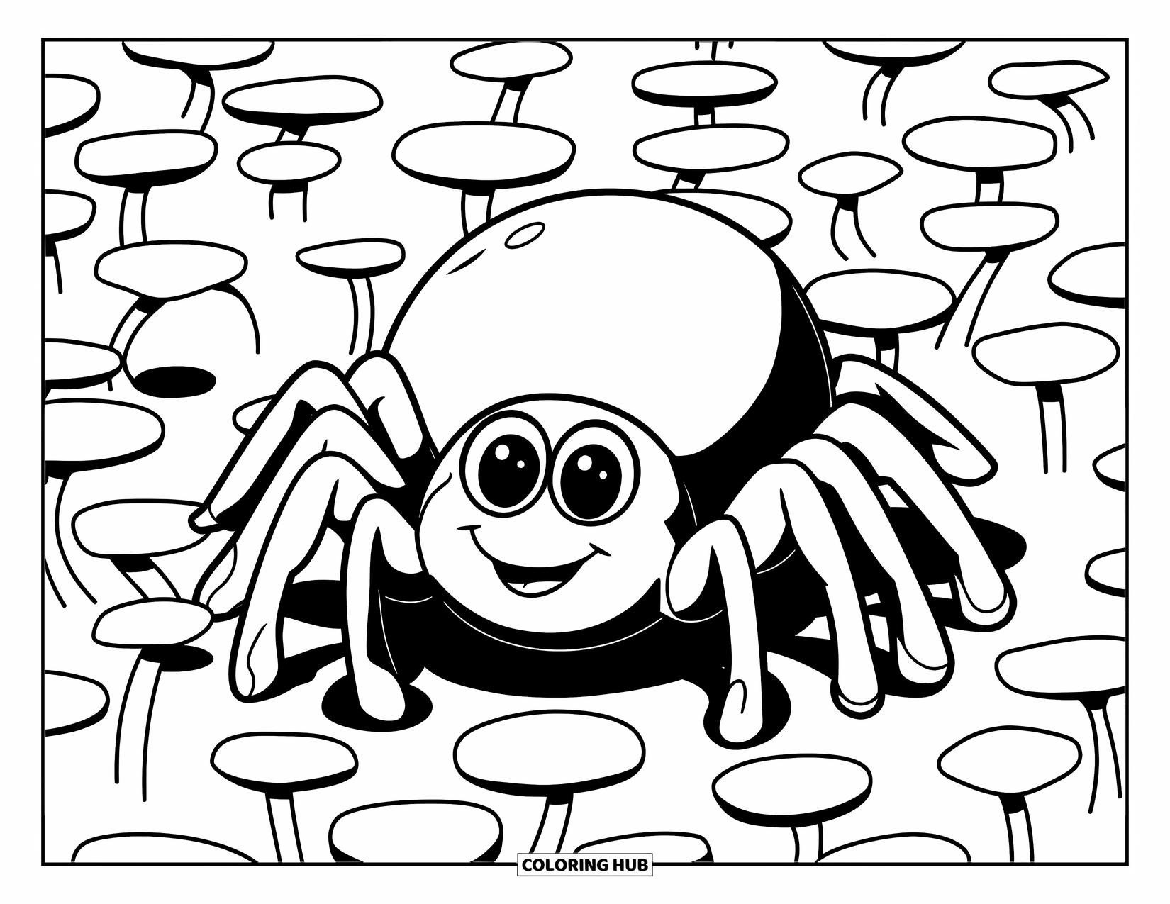Spider Coloring Page for Kids: A cute spider with short legs smiles while sitting on round flowers in a field