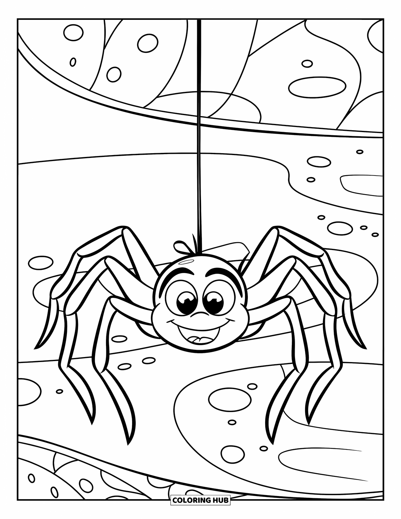 Spider Coloring Page for Kids: A friendly spider with big eyes hangs from the ceiling on a single thread