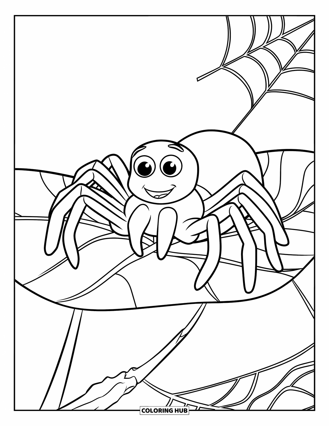 Spider Coloring Page for Kids: A friendly spider with big eyes sits on a leaf holding one silky thread
