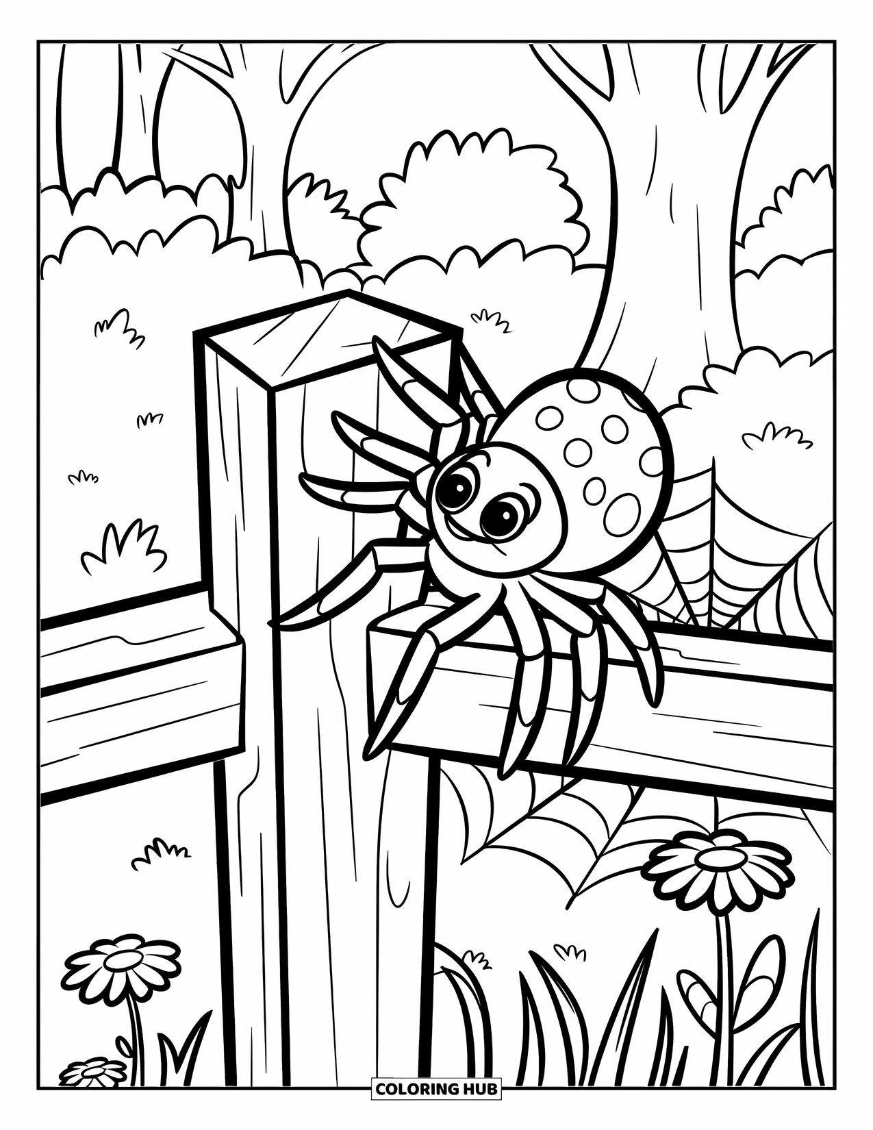 Spider Coloring Page for Kids: A garden spider climbs a fence post with a web nearby and flowers around