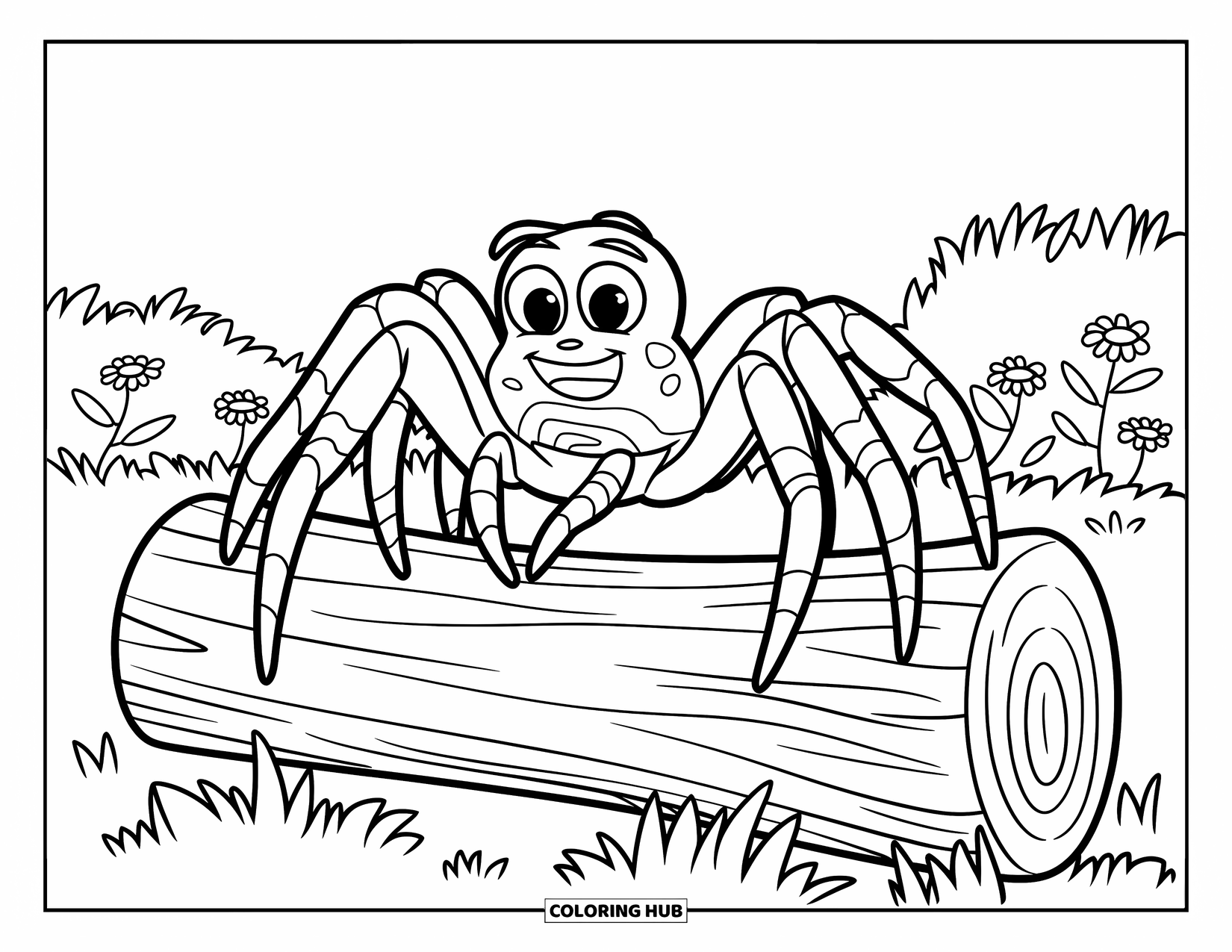 Spider Coloring Page for Kids: A garden spider perches on a log surrounded by flowers and soft grass