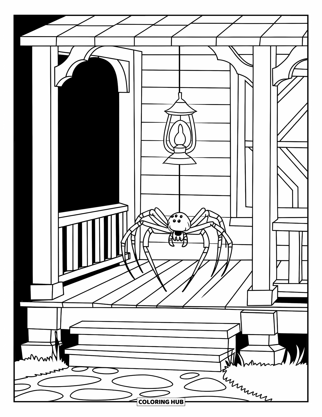 Spider Coloring Page for Kids: A glowing lantern lights a spider hanging from a porch in the quiet night
