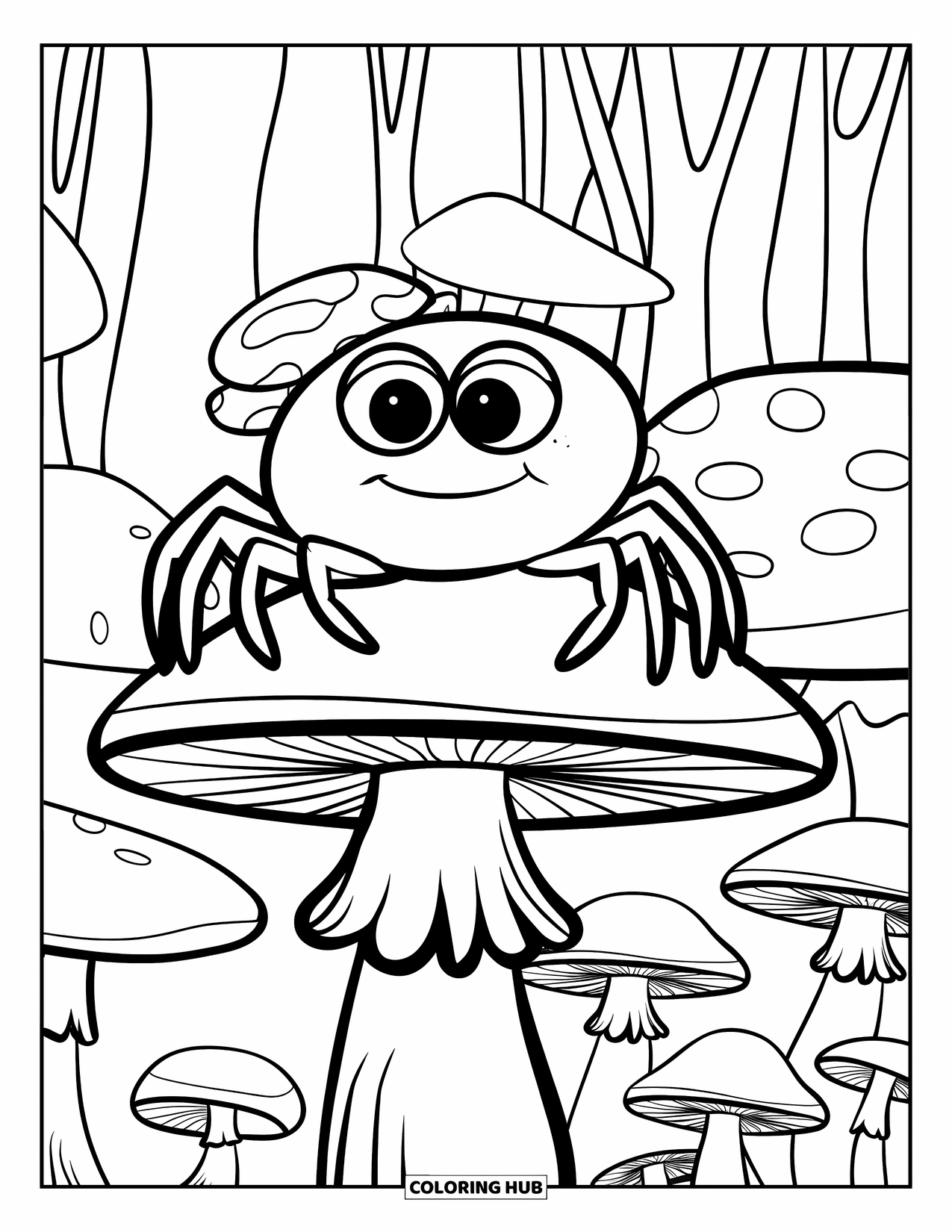 Spider Coloring Page for Kids: A happy spider in a tiny hat rests on a mushroom in the forest