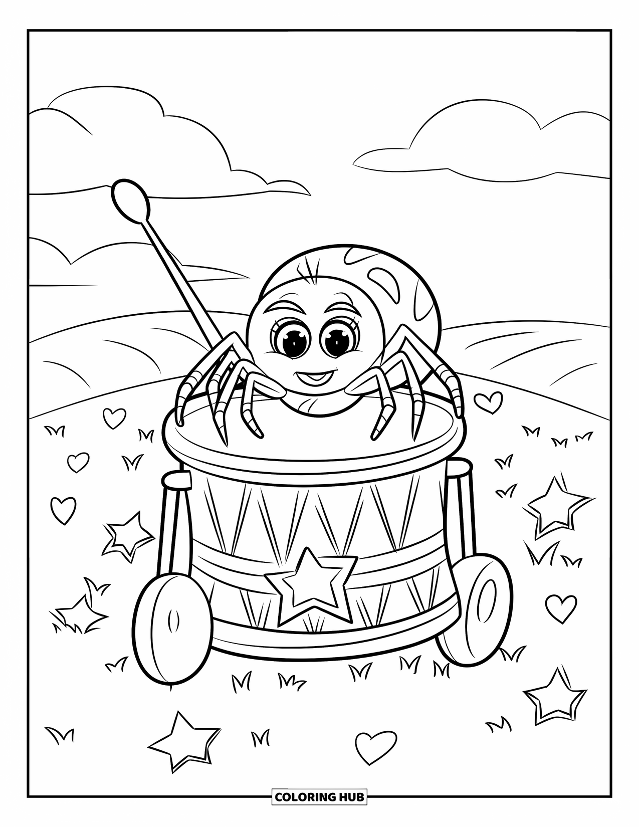 Spider Coloring Page for Kids: A happy spider sits on a toy drum holding a stick, surrounded by hearts and stars