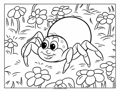 Coloriage d'araignées pour enfants : Une araignée joyeuse aux pattes courtes se repose sur des fleurs de toutes formes et tailles