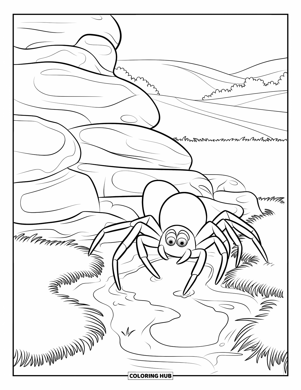 Spider Coloring Page for Kids: A large spider explores boulders near a puddle with ripples and leafy grass