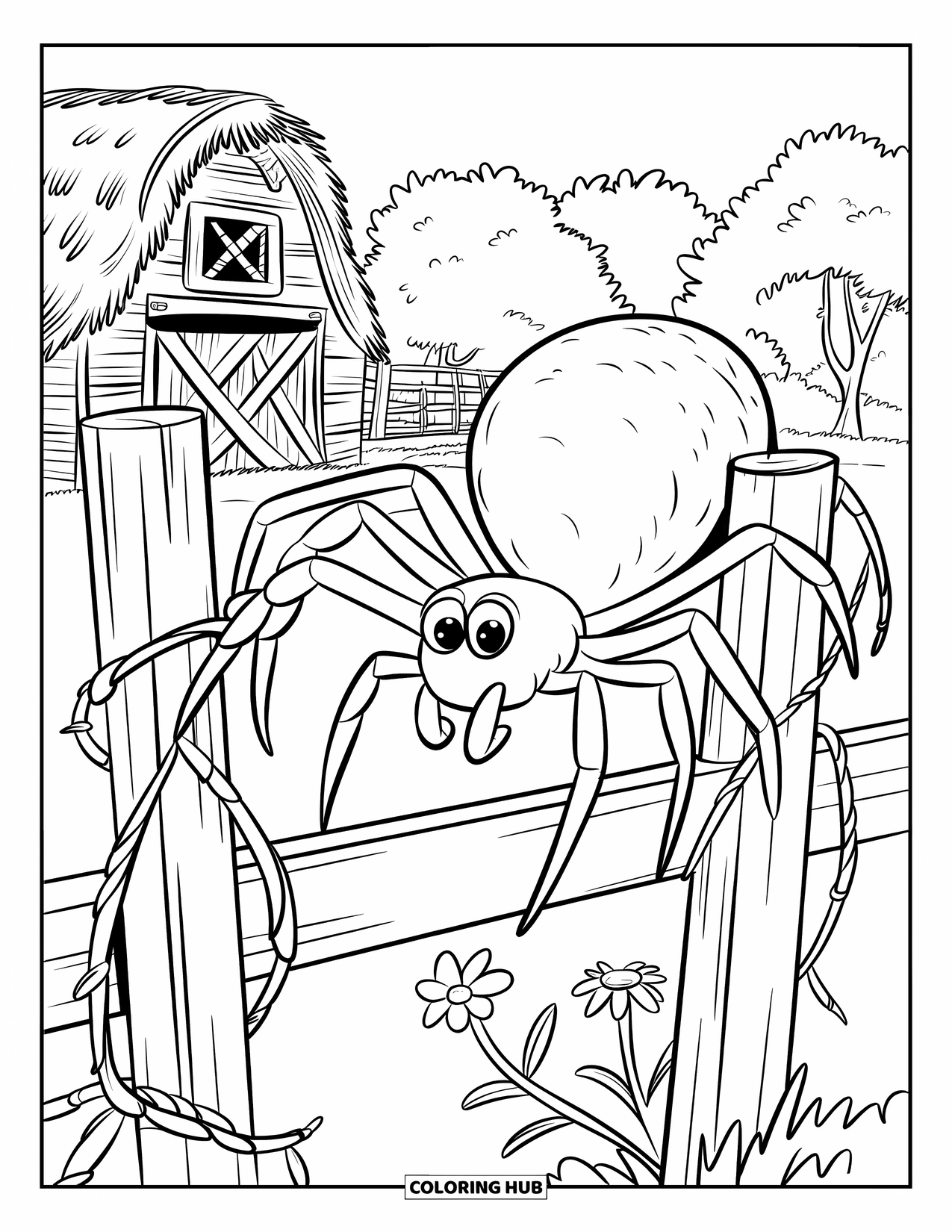Spider Coloring Page for Kids: A large spider spins silk near a barn with flowers and vines on the fence