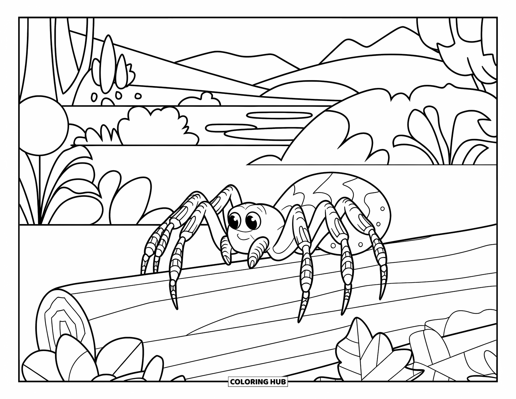 Spider Coloring Page for Kids: A patterned spider stands on a log surrounded by plants and garden greenery